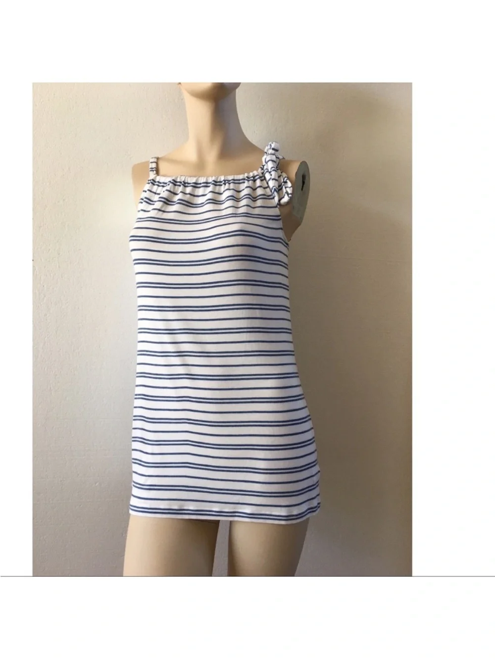 CAbi White Tank Top with Blue Stripes